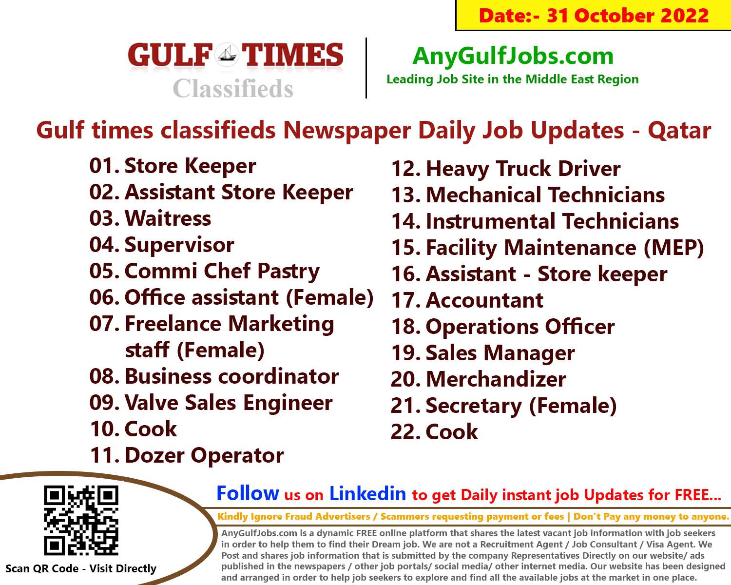 Gulf times classifieds Job Vacancies Qatar - 31 October 2022