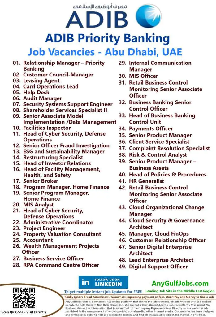 ADIB Priority Banking Job Vacancies Abu Dhabi, UAE 2025