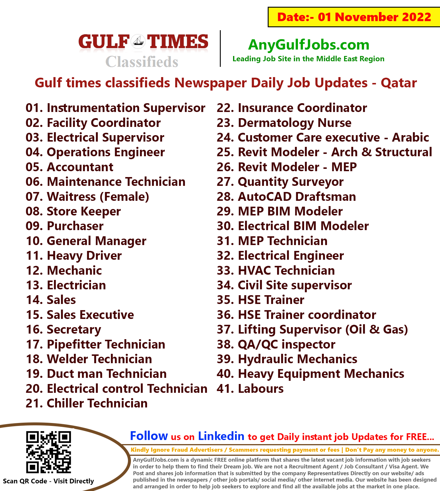 Gulf times classifieds Job Vacancies Qatar - 01 November 2022