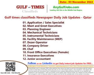 Gulf times classifieds Job Vacancies Qatar - 03 November 2022