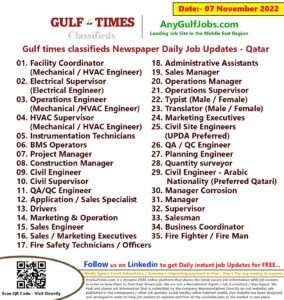 Gulf times classifieds Job Vacancies Qatar - 07 November 2022