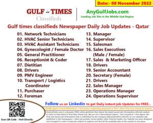 Gulf times classifieds Job Vacancies Qatar - 08 November 2022