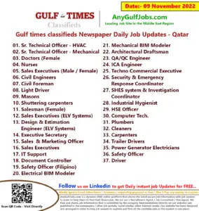 Gulf times classifieds Job Vacancies Qatar - 09 November 2022