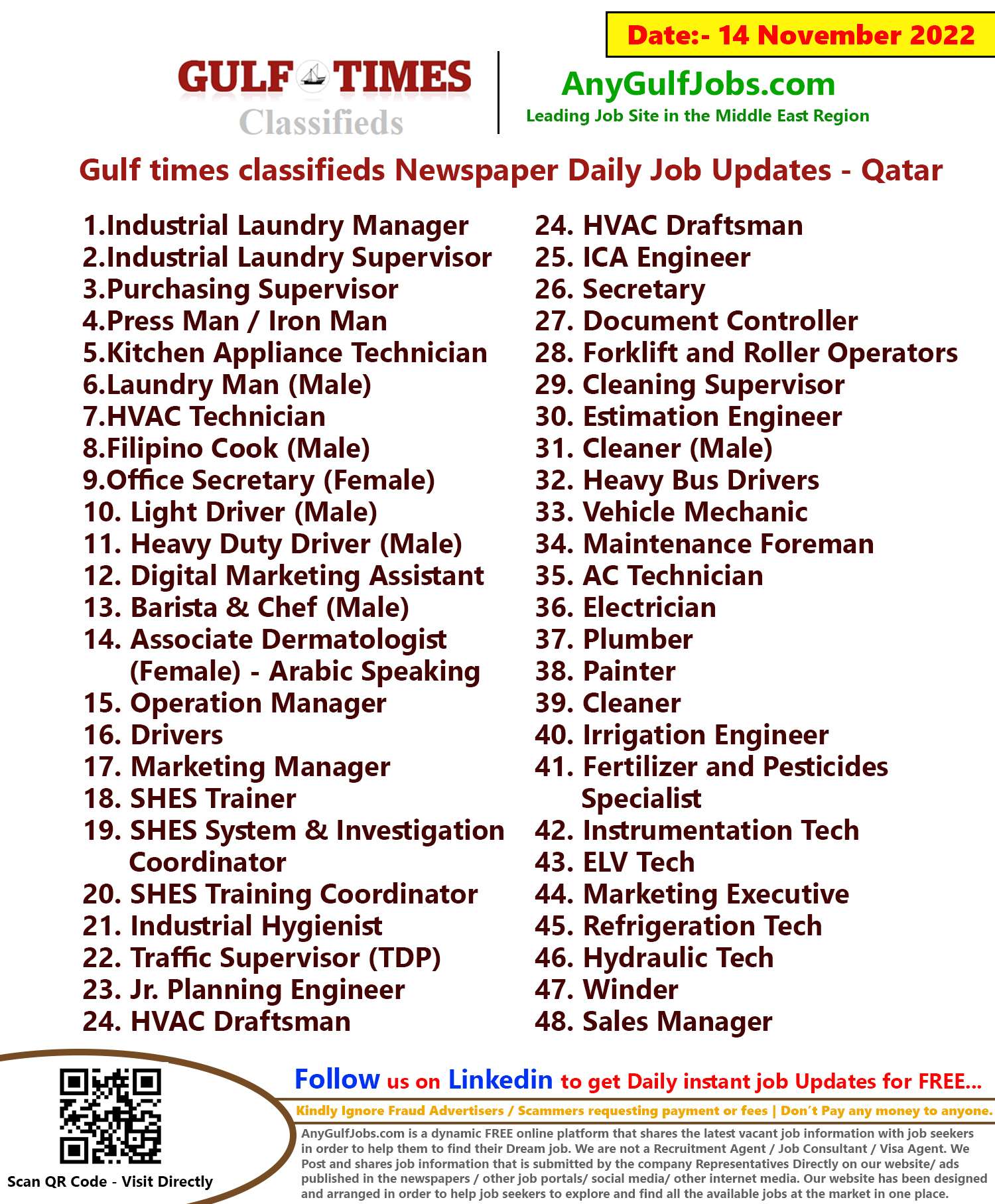 Gulf times classifieds Job Vacancies Qatar - 14 November 2022
