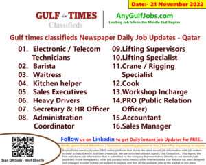 Gulf times classifieds Job Vacancies Qatar - 21 November 2022