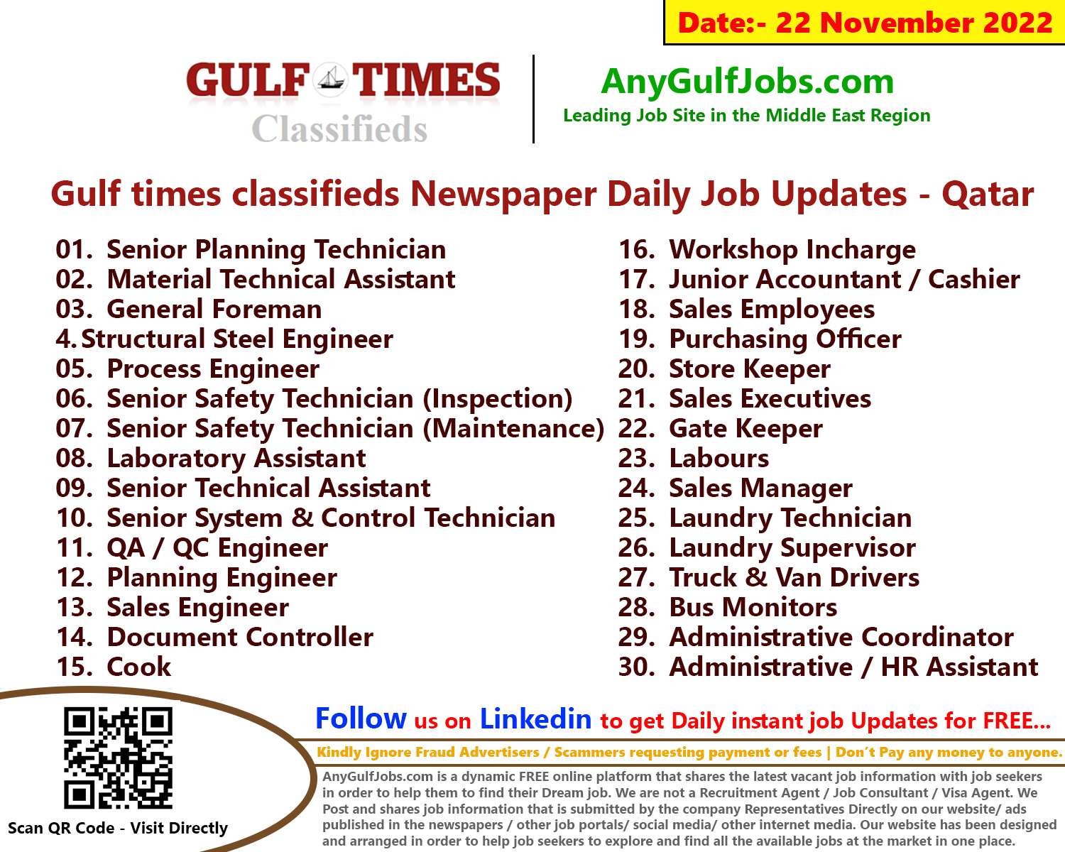 Gulf times classifieds Job Vacancies Qatar - 22 November 2022