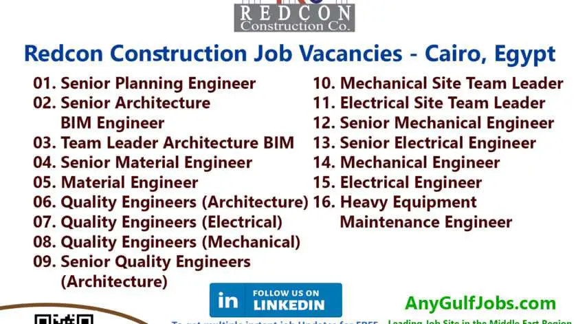 Multiple Redcon Construction Job Vacancies - Cairo, Egypt