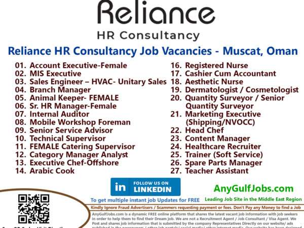 Reliance HR Consultancy Job Vacancies - Muscat, Oman