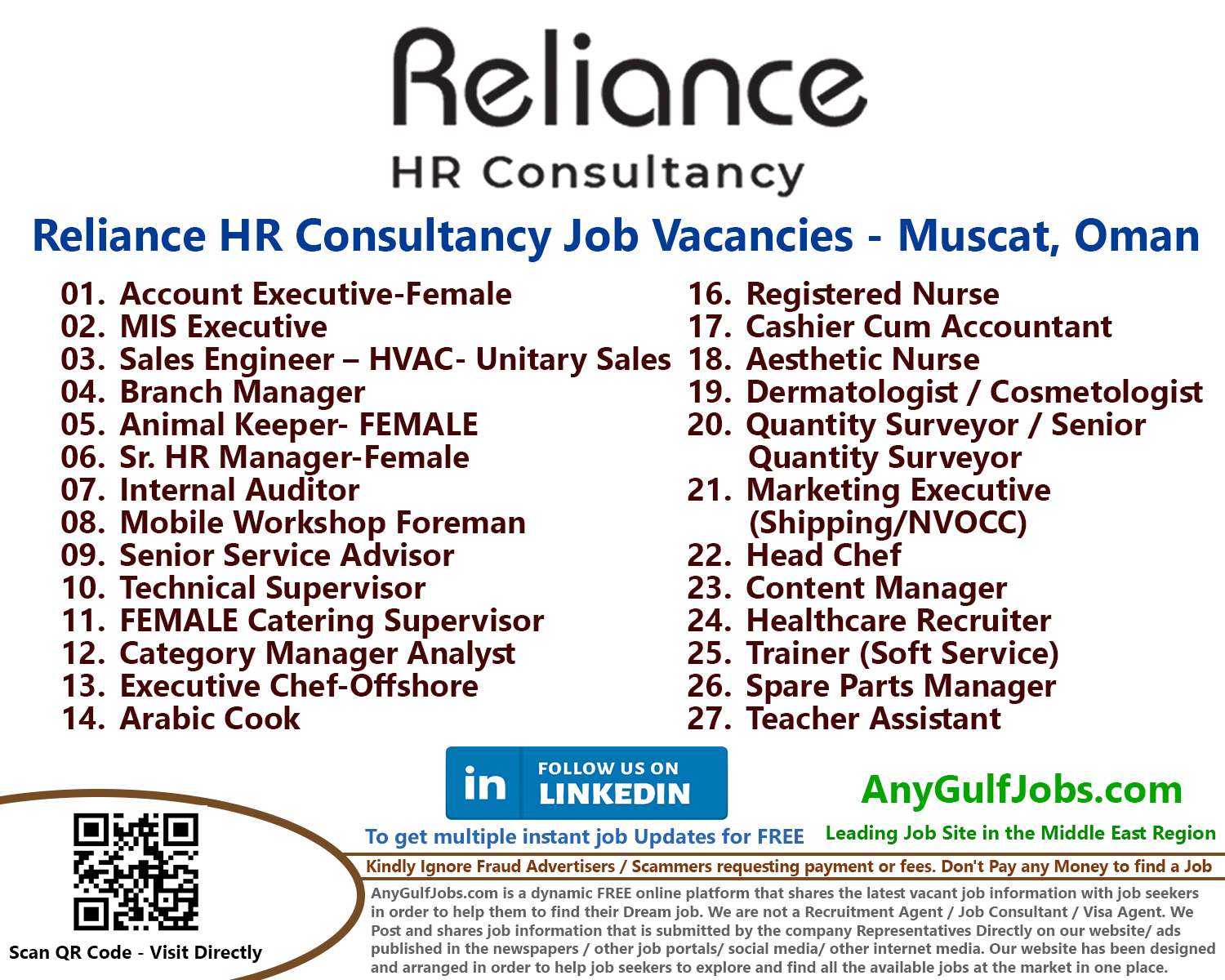 Reliance HR Consultancy Job Vacancies Muscat, Oman 2024
