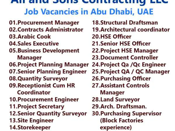 Ali and Sons Contracting LLC Job Vacancies in Abu Dhabi, UAE
