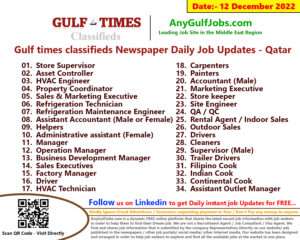 Gulf times classifieds Job Vacancies Qatar - 12 December 2022