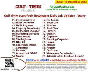 Gulf times classifieds Job Vacancies Qatar - 13 December 2022