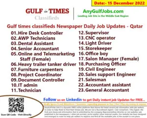 Gulf times classifieds Job Vacancies Qatar - 15 December 2022