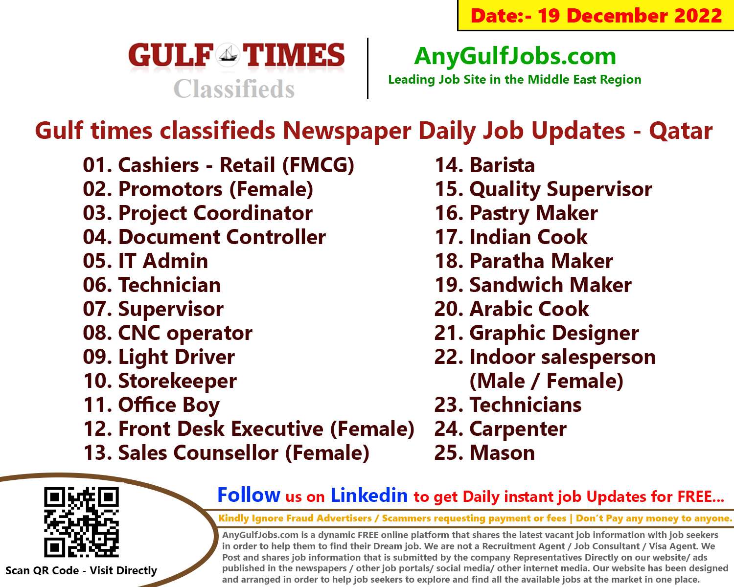 Gulf times classifieds Job Vacancies Qatar - 19 December 2022