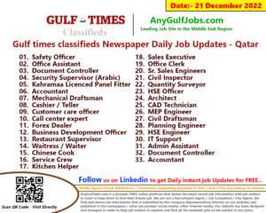 Gulf times classifieds Job Vacancies Qatar - 21 December 2022