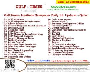 Gulf times classifieds Job Vacancies Qatar - 22 December 2022