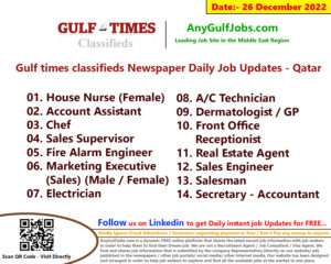 Gulf times classifieds Job Vacancies Qatar - 26 December 2022