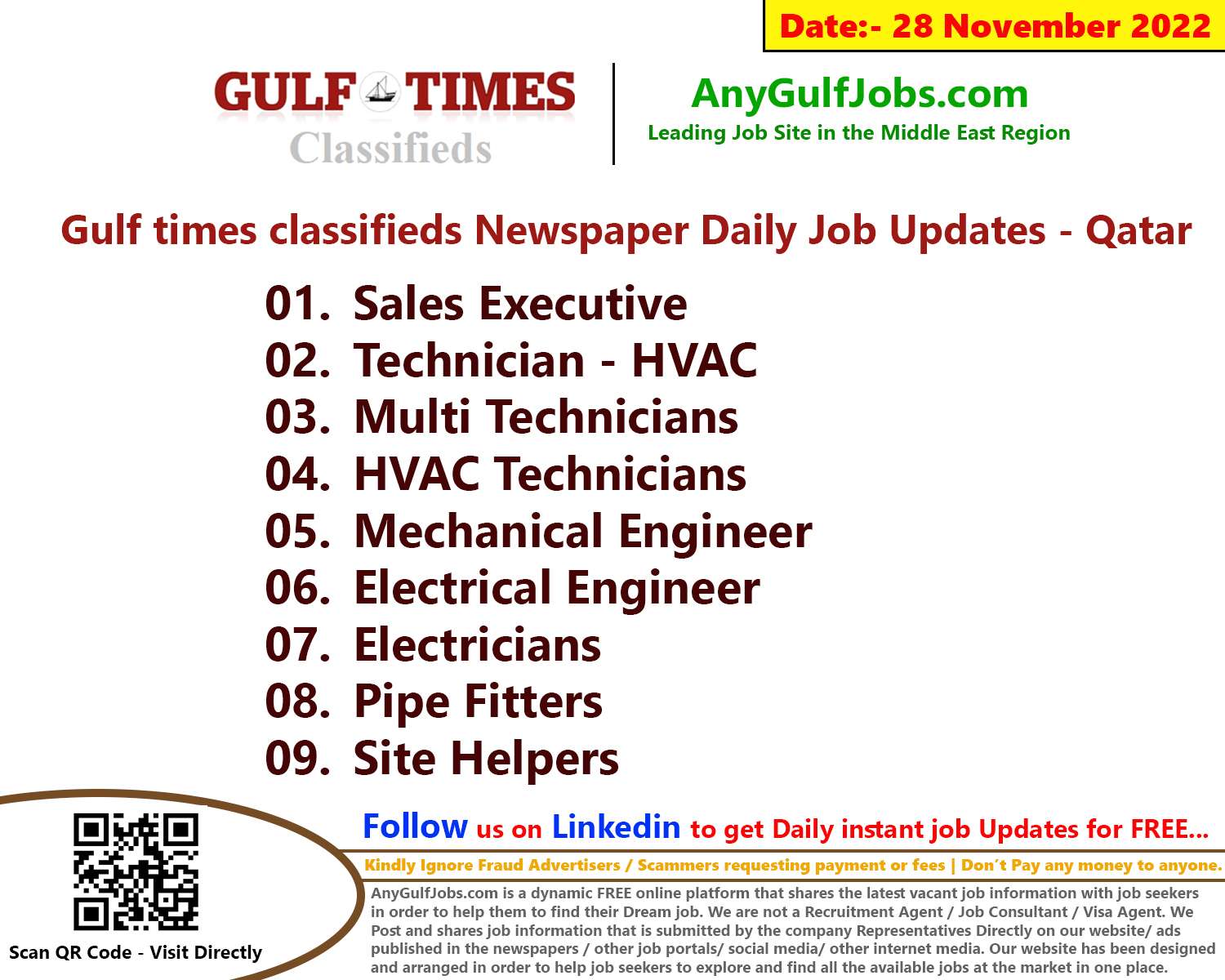 Gulf times classifieds Job Vacancies Qatar - 28 November 2022
