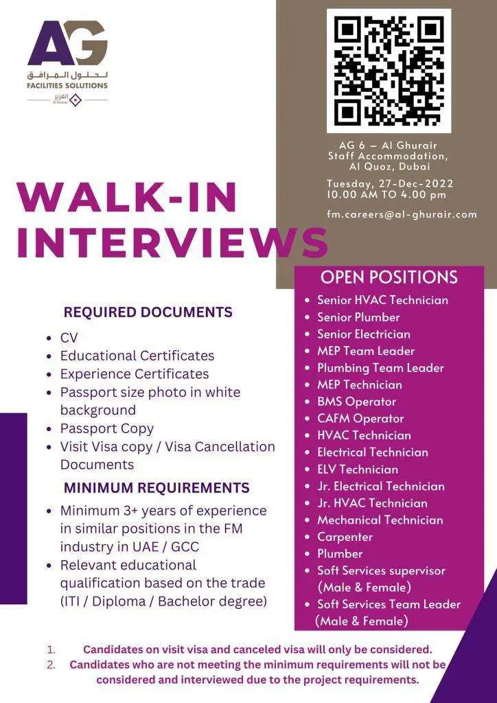 Vacancy - AG Facilities Job Vacancies