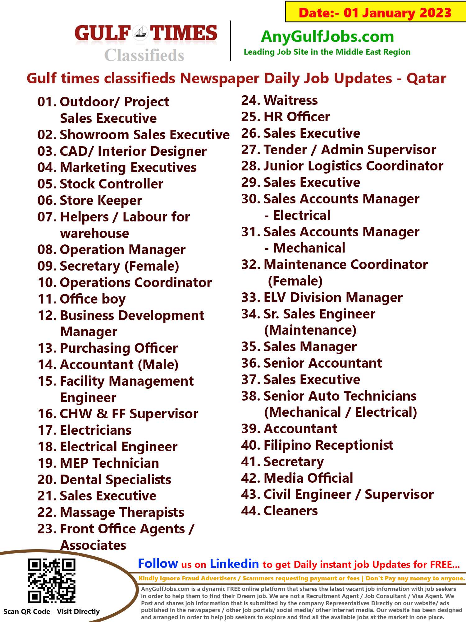 Gulf times classifieds Job Vacancies Qatar - 01 January 2023