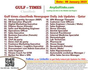 Gulf times classifieds Job Vacancies Qatar - 08 January 2023