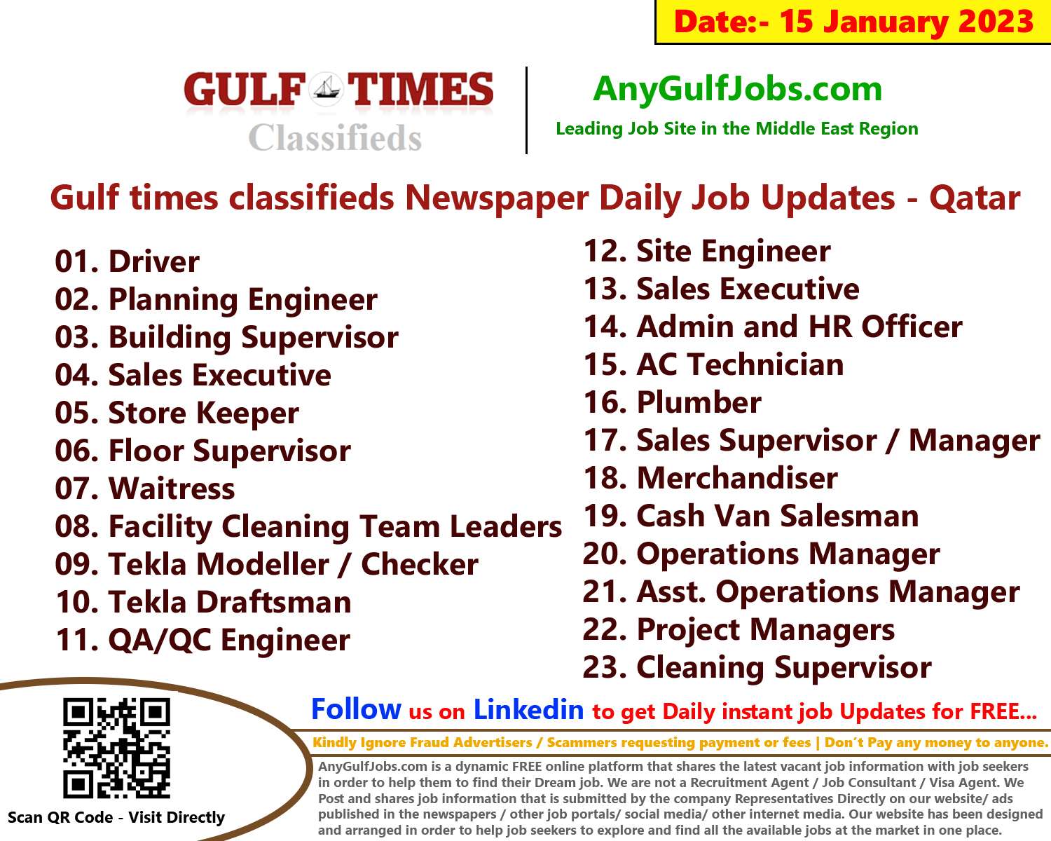 Gulf times classifieds Job Vacancies Qatar - 15 January 2023