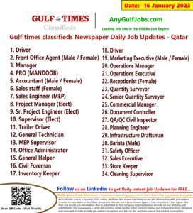 Gulf times classifieds Job Vacancies Qatar - 16 January 2023