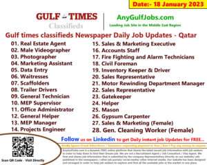 Gulf times classifieds Job Vacancies Qatar - 18 January 2023