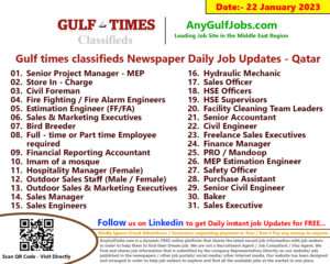 Gulf times classifieds Job Vacancies Qatar - 22 January 2023