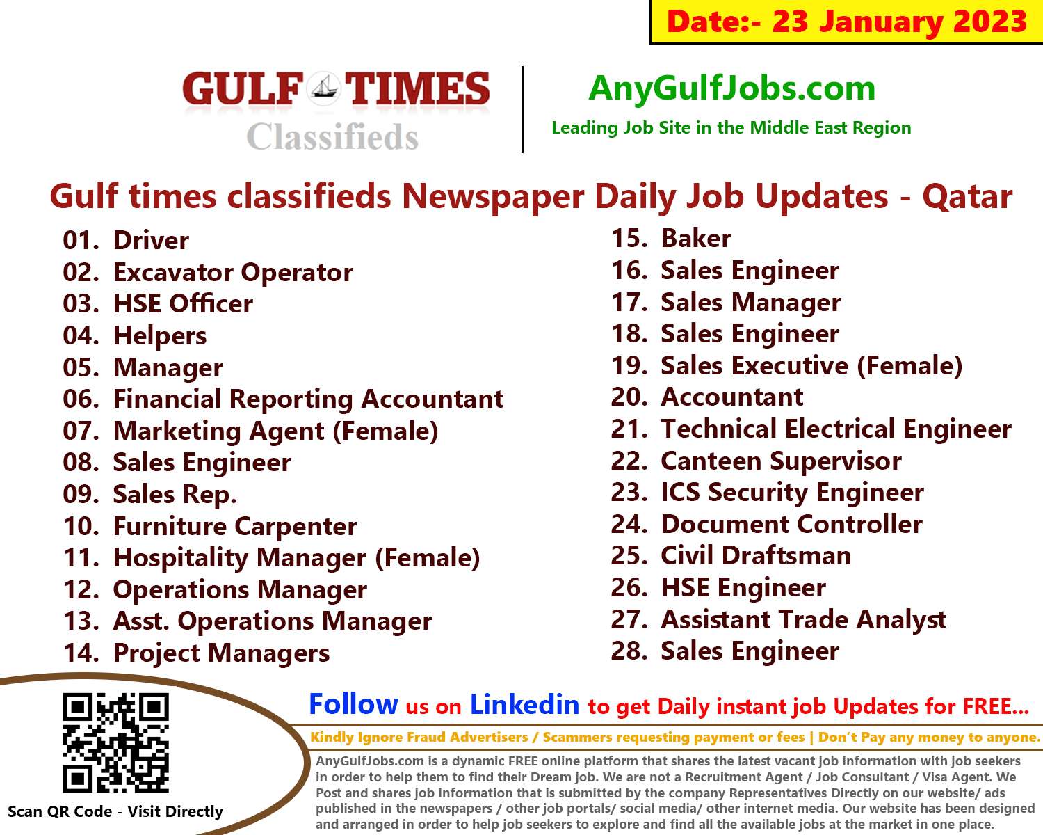 Gulf times classifieds Job Vacancies Qatar - 23 January 2023