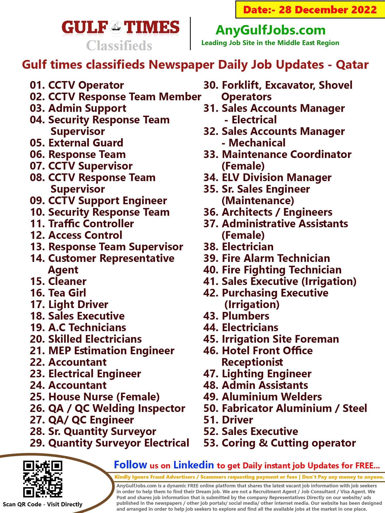 Gulf times classifieds Job Vacancies Qatar - 28 December 2022