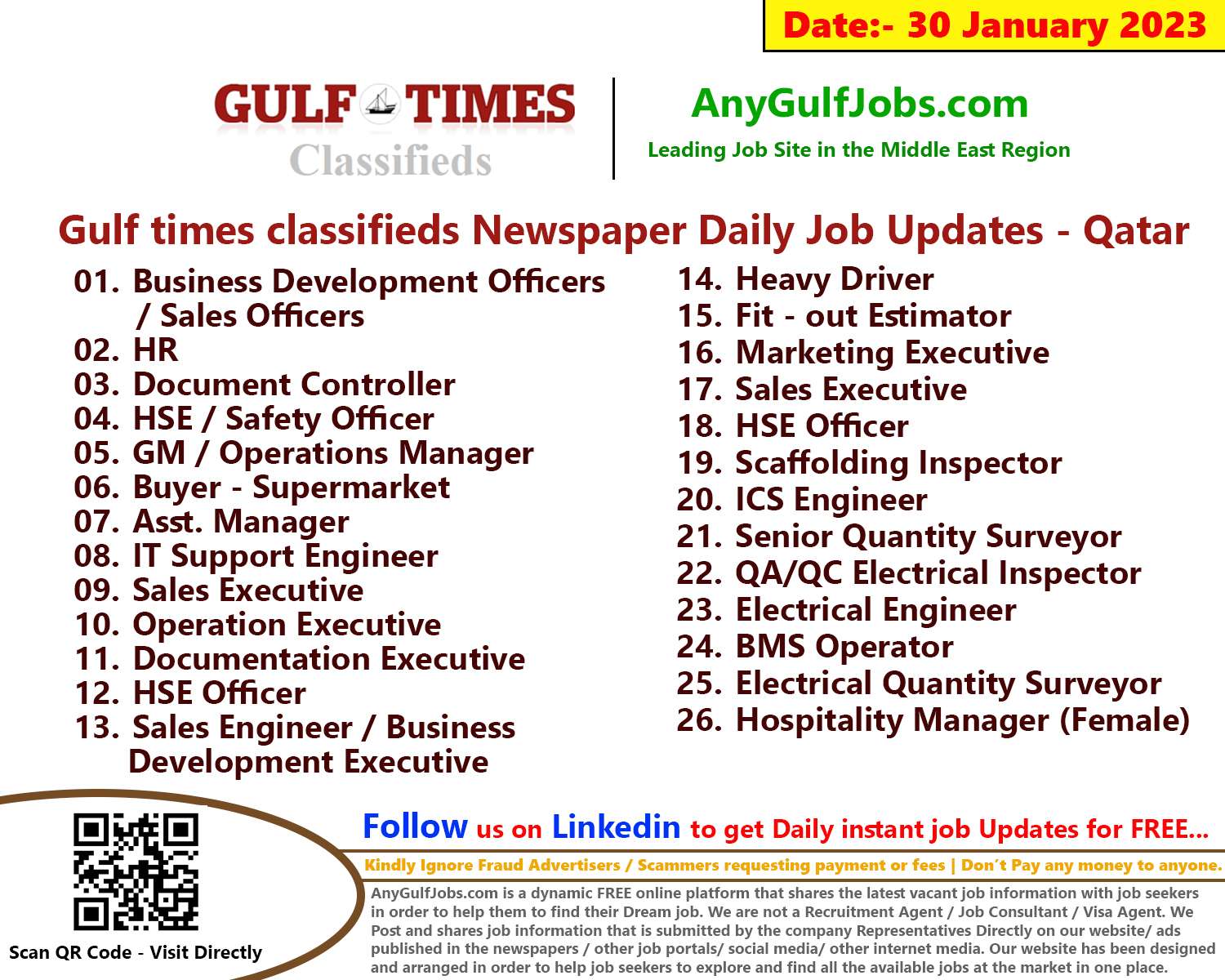 Gulf times classifieds Job Vacancies Qatar - 30 January 2023