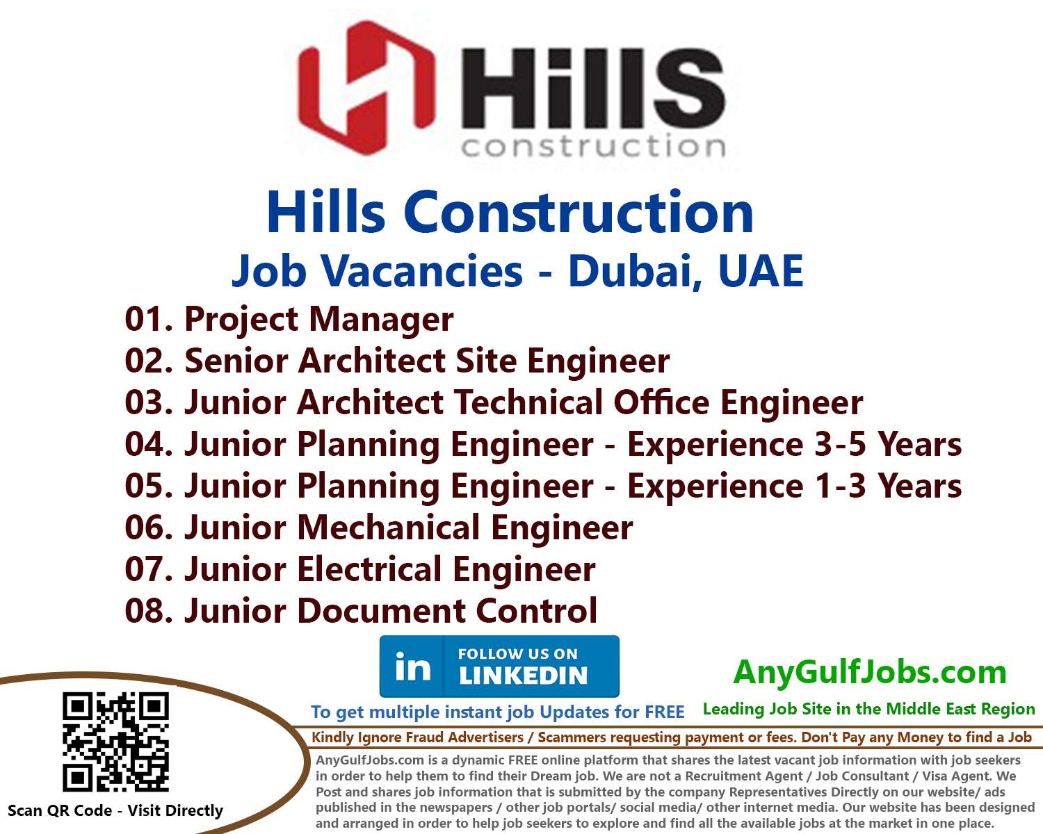 Hills Construction Job Vacancies - Dubai, UAE