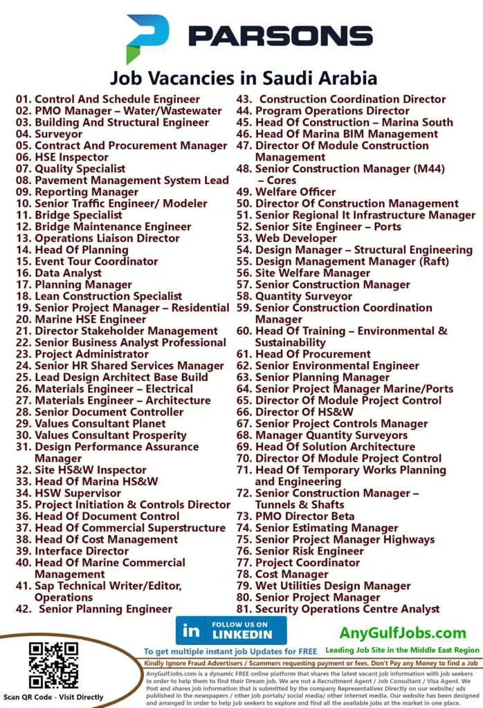 Parsons Job Vacancies Saudi Arabia 2024