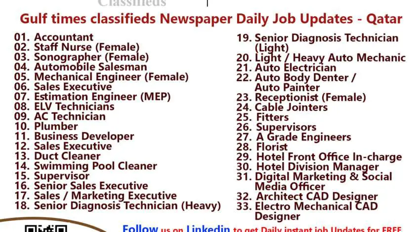 Gulf times classifieds Job Vacancies Qatar - 12 February 2023