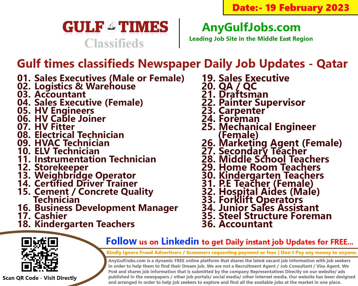 Gulf times classifieds Job Vacancies Qatar - 19 February 2023