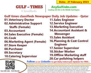 Gulf times classifieds Job Vacancies Qatar - 21 February 2023