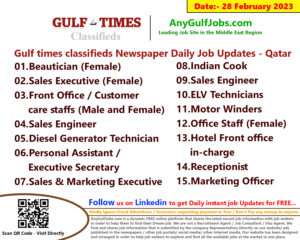 Gulf times classifieds Job Vacancies Qatar - 28 February 2023
