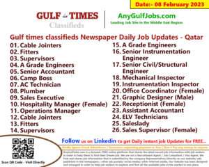 Gulf times classifieds Job Vacancies Qatar - 08 February 2023