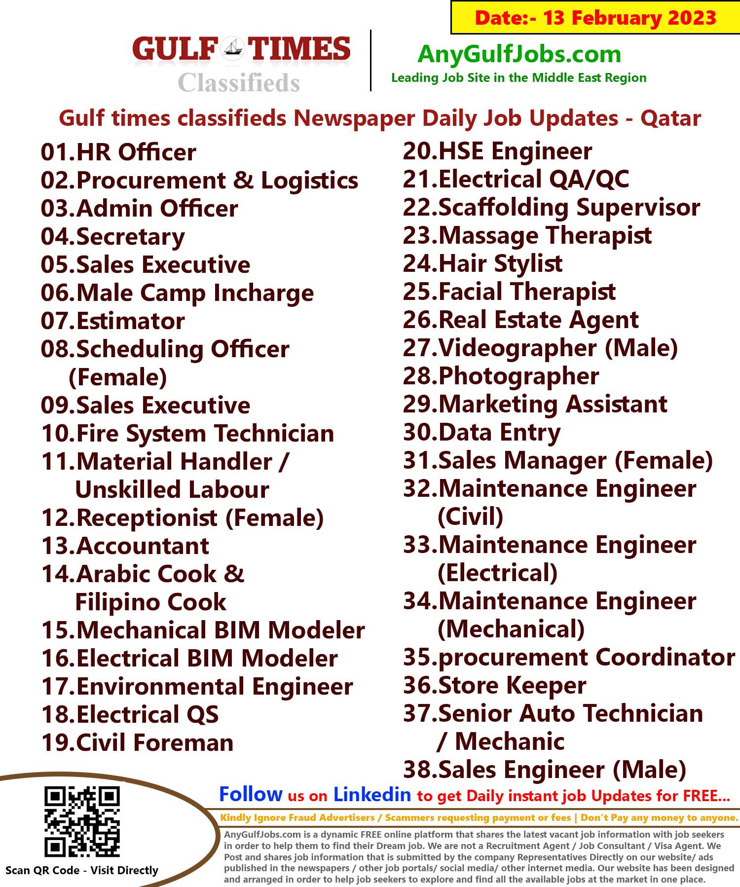 Gulf times classifieds Job Vacancies Qatar - 13 February 2023