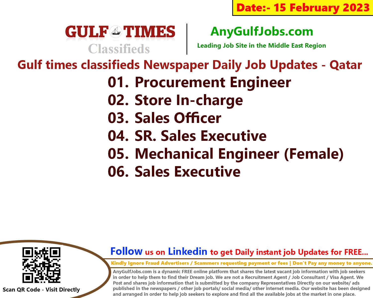 Gulf times classifieds Job Vacancies Qatar - 15 February 2023