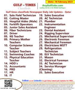 Gulf times classifieds Job Vacancies Qatar - 16 February 2023