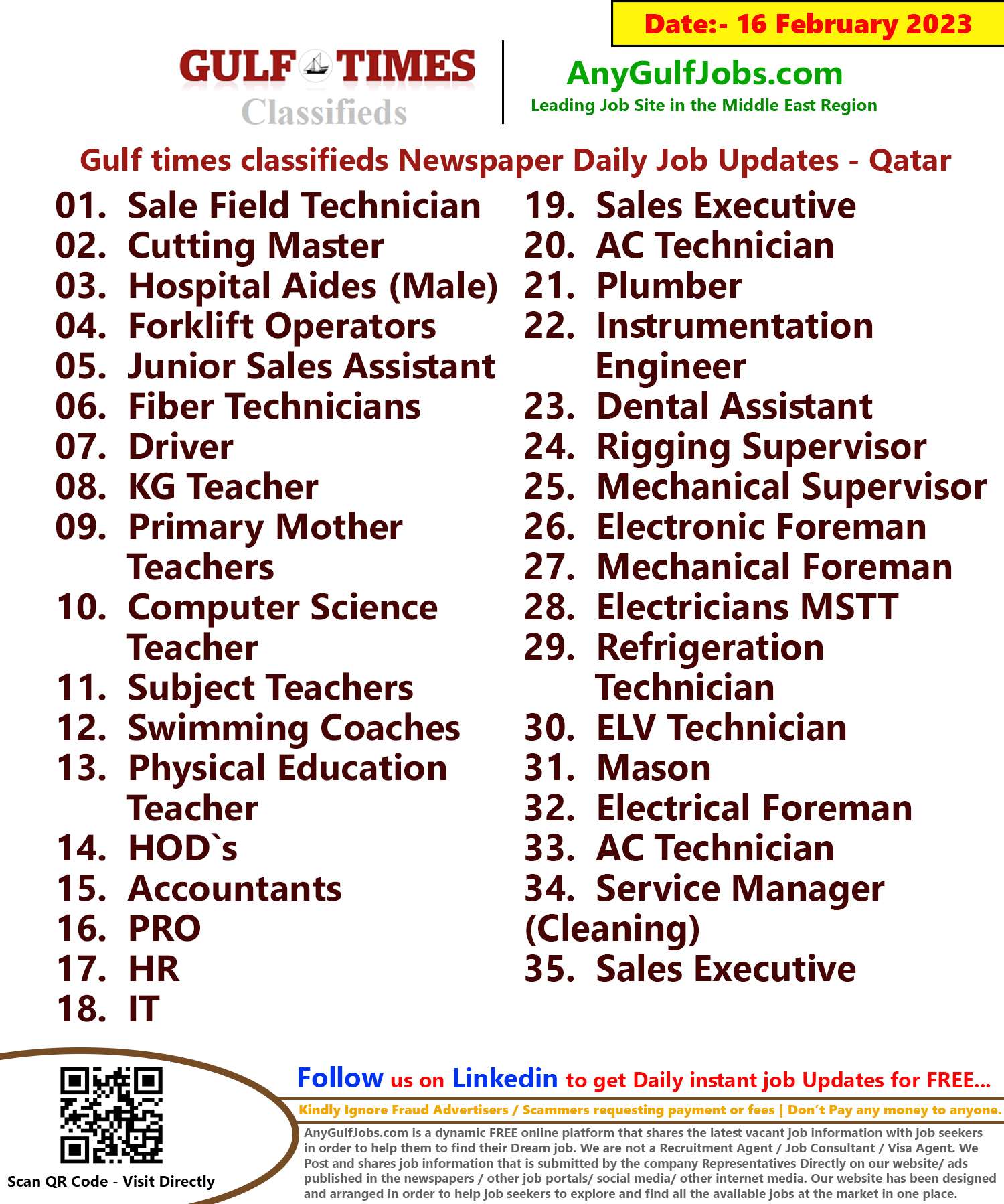 Gulf times classifieds Job Vacancies Qatar - 16 February 2023