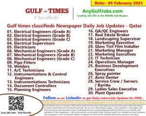 Gulf times classifieds Job Vacancies Qatar - 05 February 2023