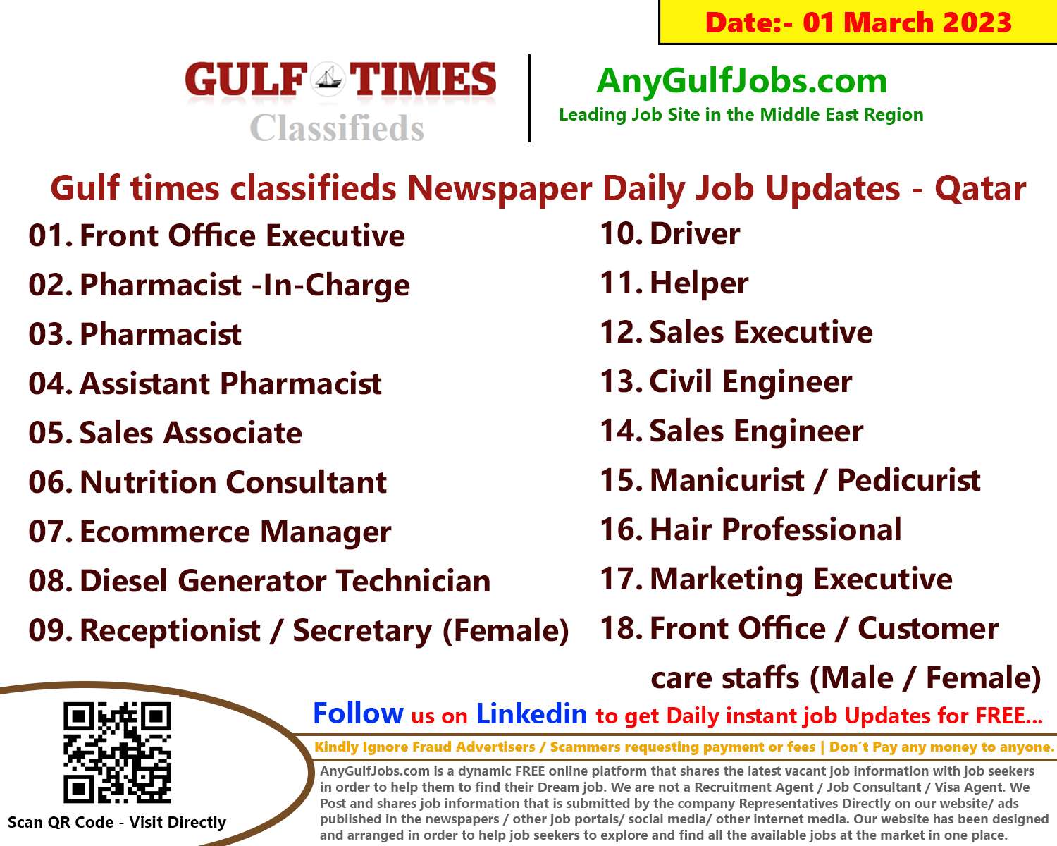 Gulf times classifieds Job Vacancies Qatar - 01 March 2023