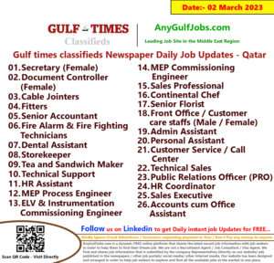 Gulf times classifieds Job Vacancies Qatar - 02 March 2023