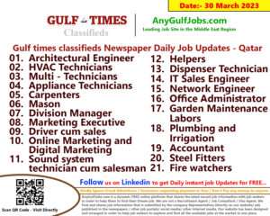 Gulf times classifieds Job Vacancies Qatar - 30 March 2023
