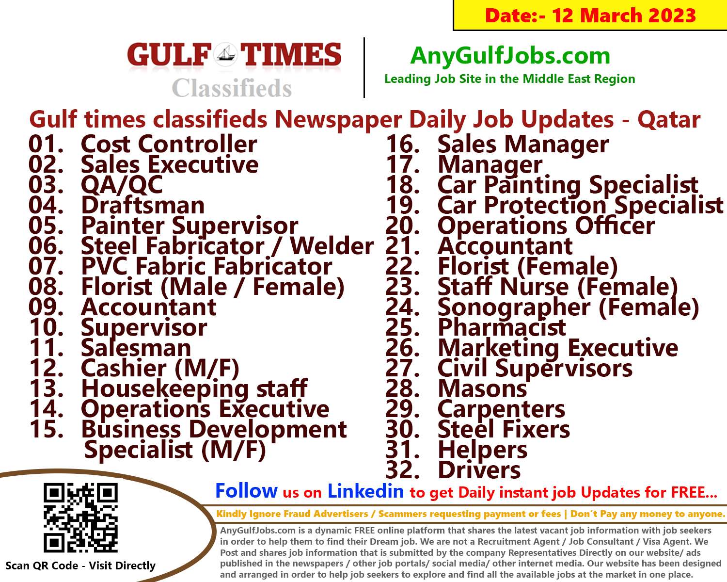 Gulf times classifieds Job Vacancies Qatar - 12 March 2023