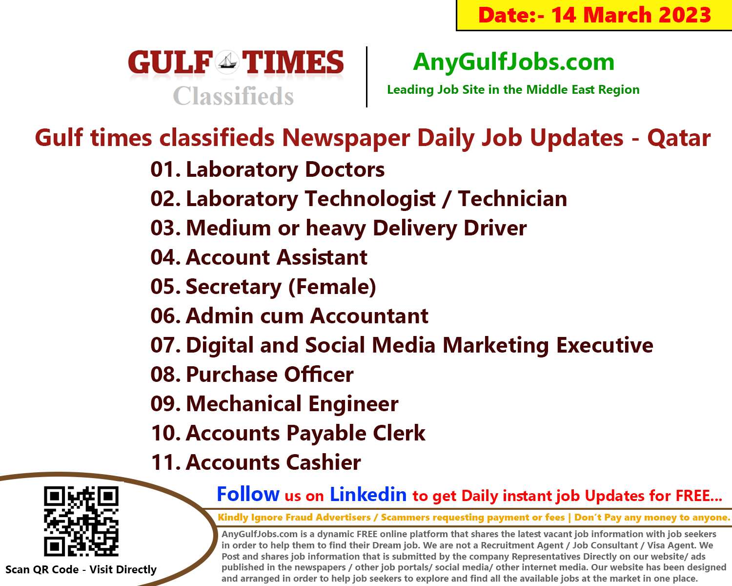 Gulf times classifieds Job Vacancies Qatar - 14 March 2023