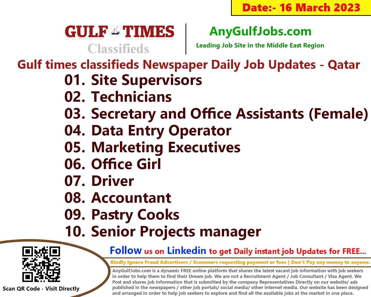 Gulf times classifieds Job Vacancies Qatar - 16 March 2023